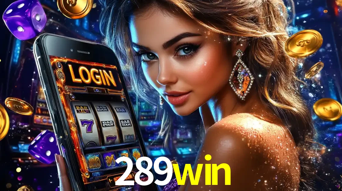 Mulher glamorosa segurando um smartphone com a tela de login para os jogos de caça-níqueis do cassino online 289win, com moedas de ouro e dados ao redor.