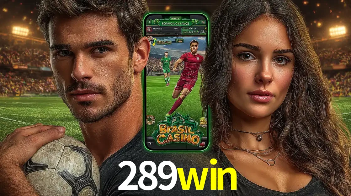Homem segurando uma bola de futebol e uma mulher ao lado de um smartphone exibindo o jogo de apostas esportivas da 289win. Faça seu palpite no cassino online.